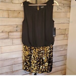 NWT! Adrianna Papell Black & Gold Blouson Sequined Dress 12 L Banded Bottom NYE